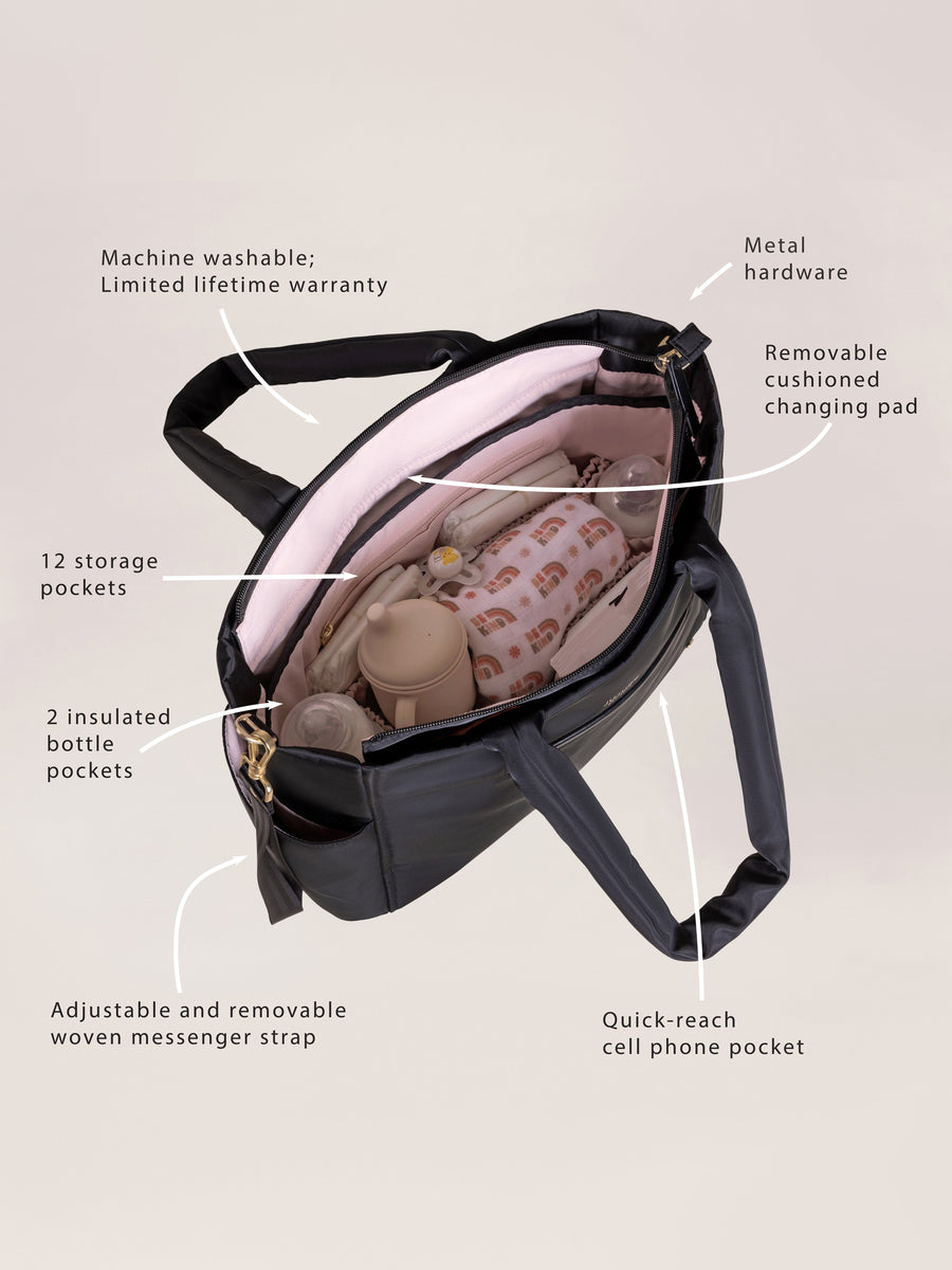 Picture of the bag with the following features labeled with arrows: Machine washable; Limited lifetime warranty; Metal hardware; Removable cushioned changing pad; 12 storage pockets; 2 insulated bottle pockets;  Adaptable and removable woven messenger strap; Quick-reach cell phone pocket.
