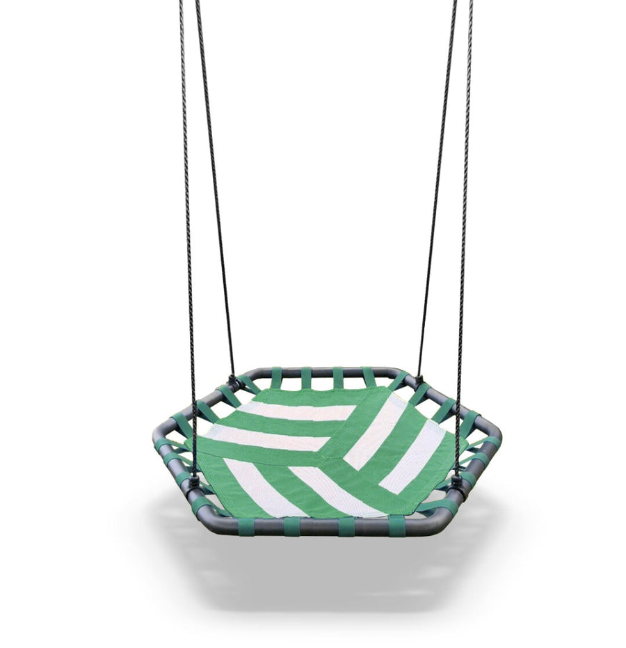 Green and white striped swing seat on a white background
