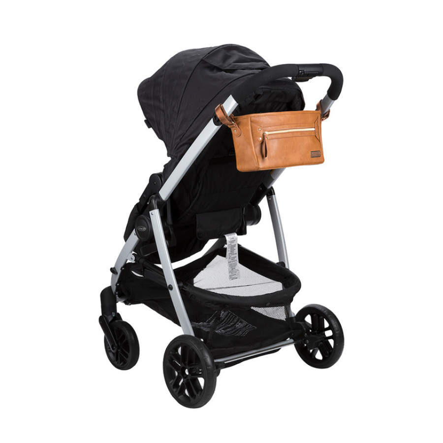 Black stroller with a brown bag attached on a white background
