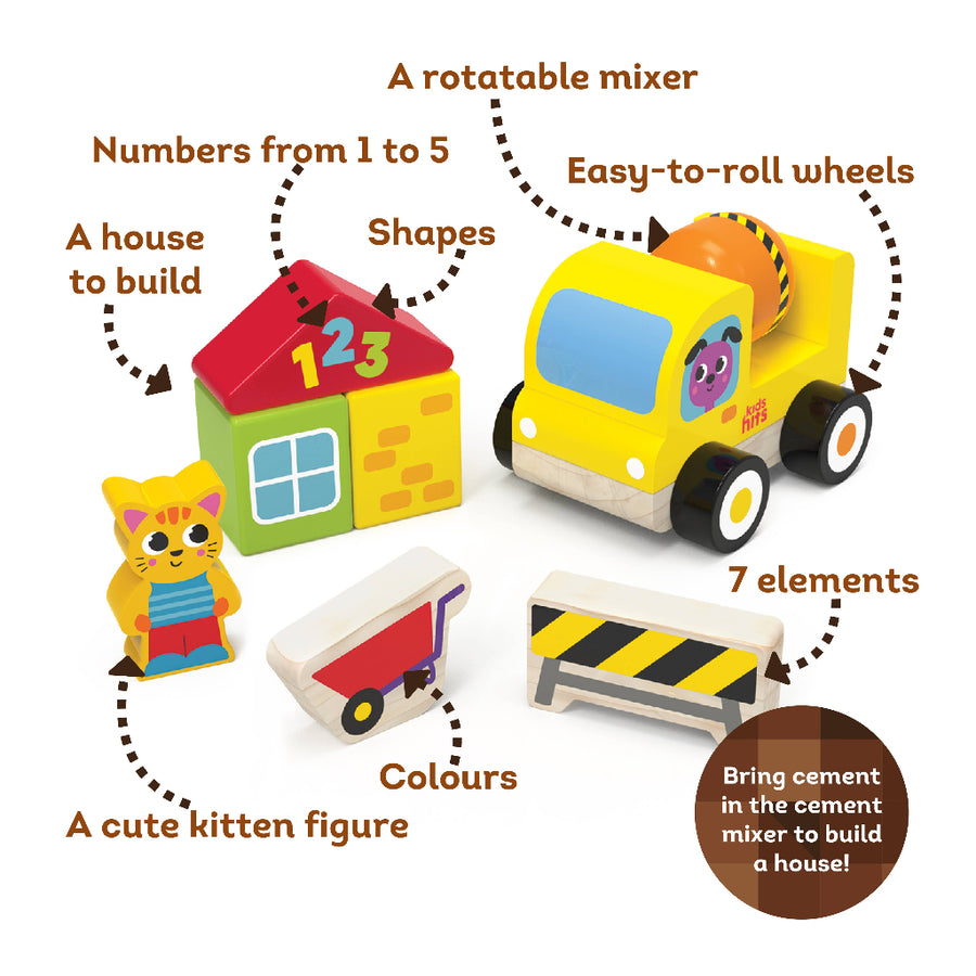 Toy set with a house, mixer, wheels, and other elements on a white background