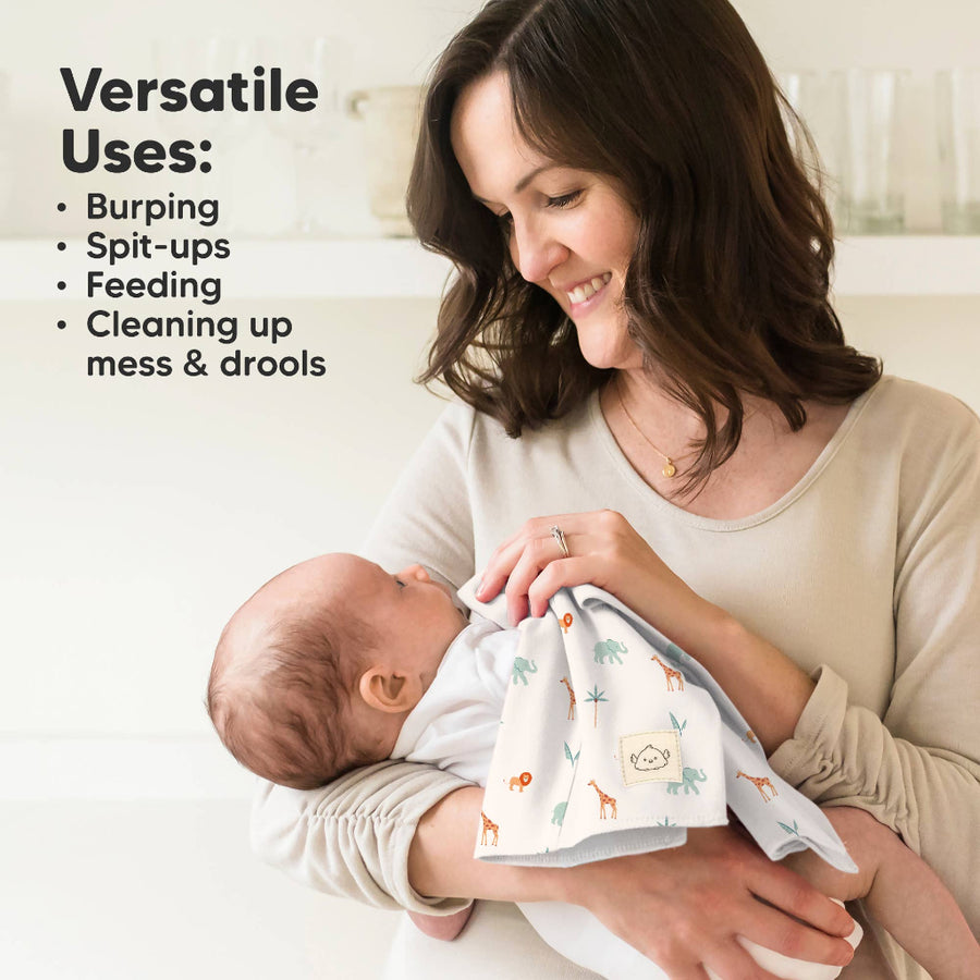 Woman holding a baby with a cloth, surrounded by text listing uses.