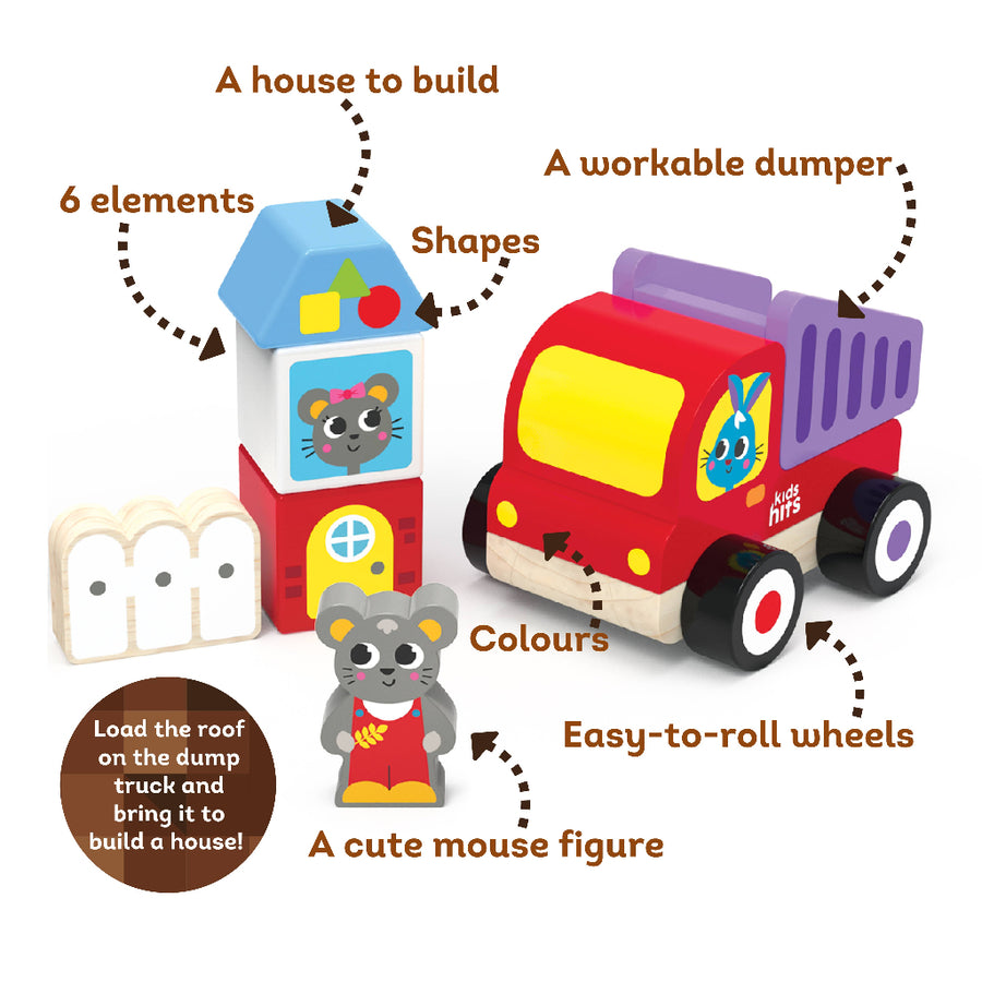 Toy truck and house set with features highlighted on a white background