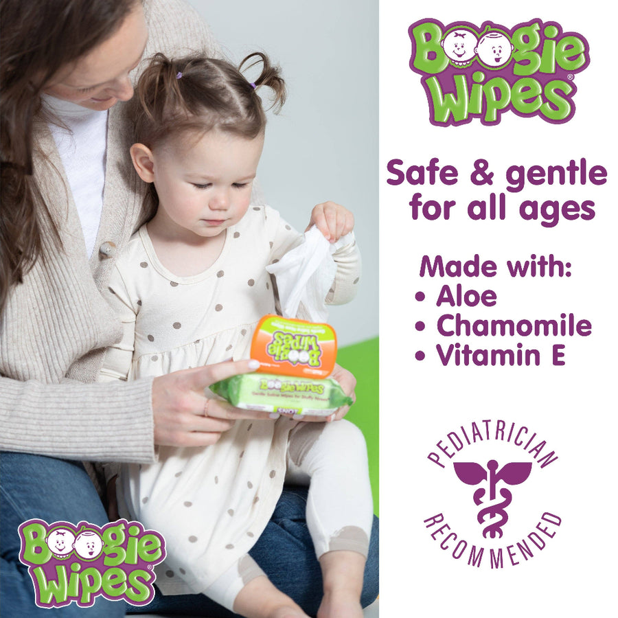 Woman and child holding Boogie Wipes with product details on the right side.
