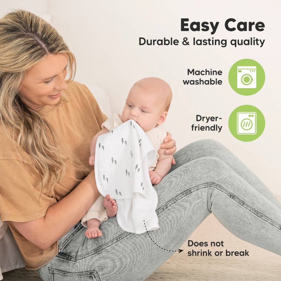 Woman holding a baby with text about product care and features.