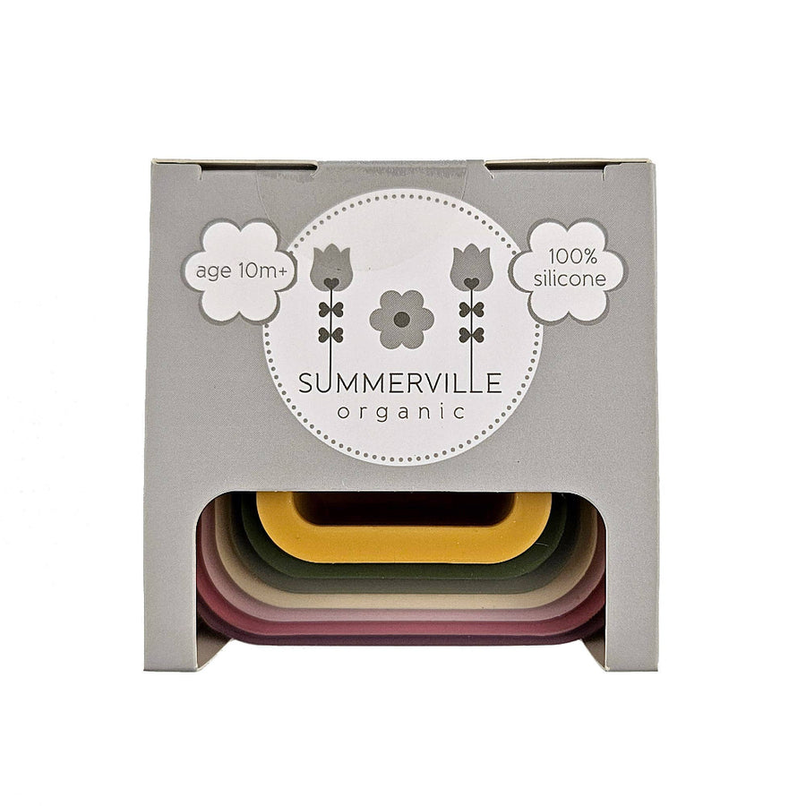 Summerville organic silicone product packaging with colorful silicone pieces inside.