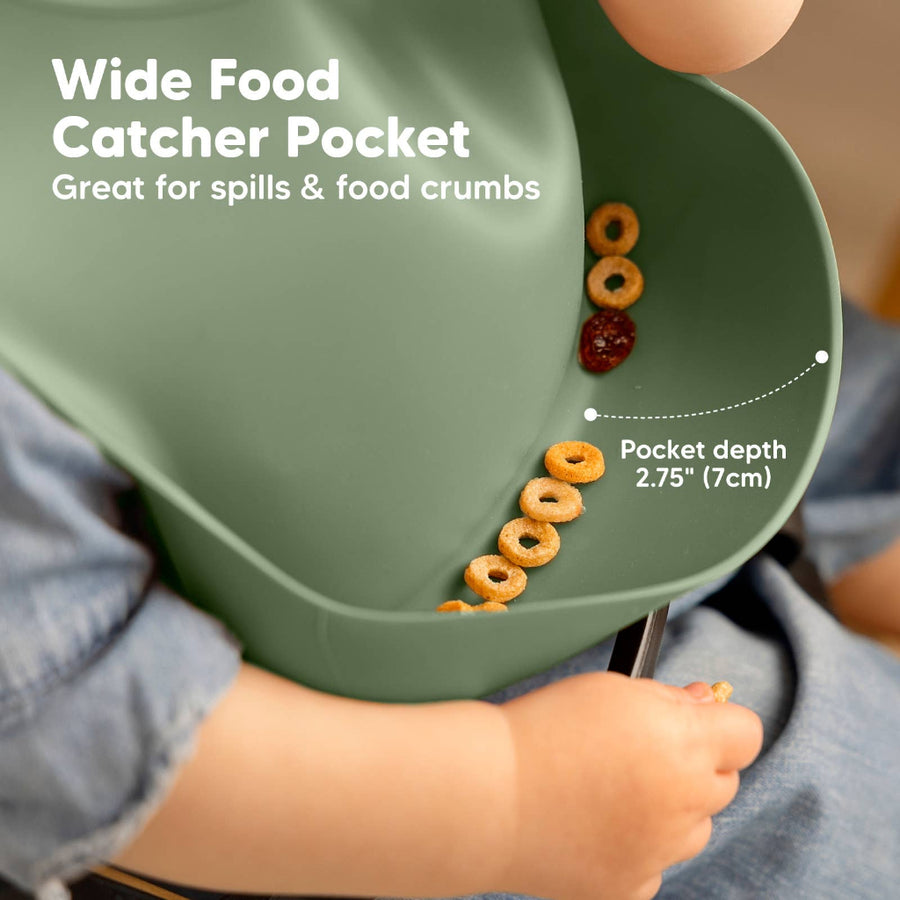 Green wide food catcher pocket with cereal and text indicating its use for spills and food crumbs.