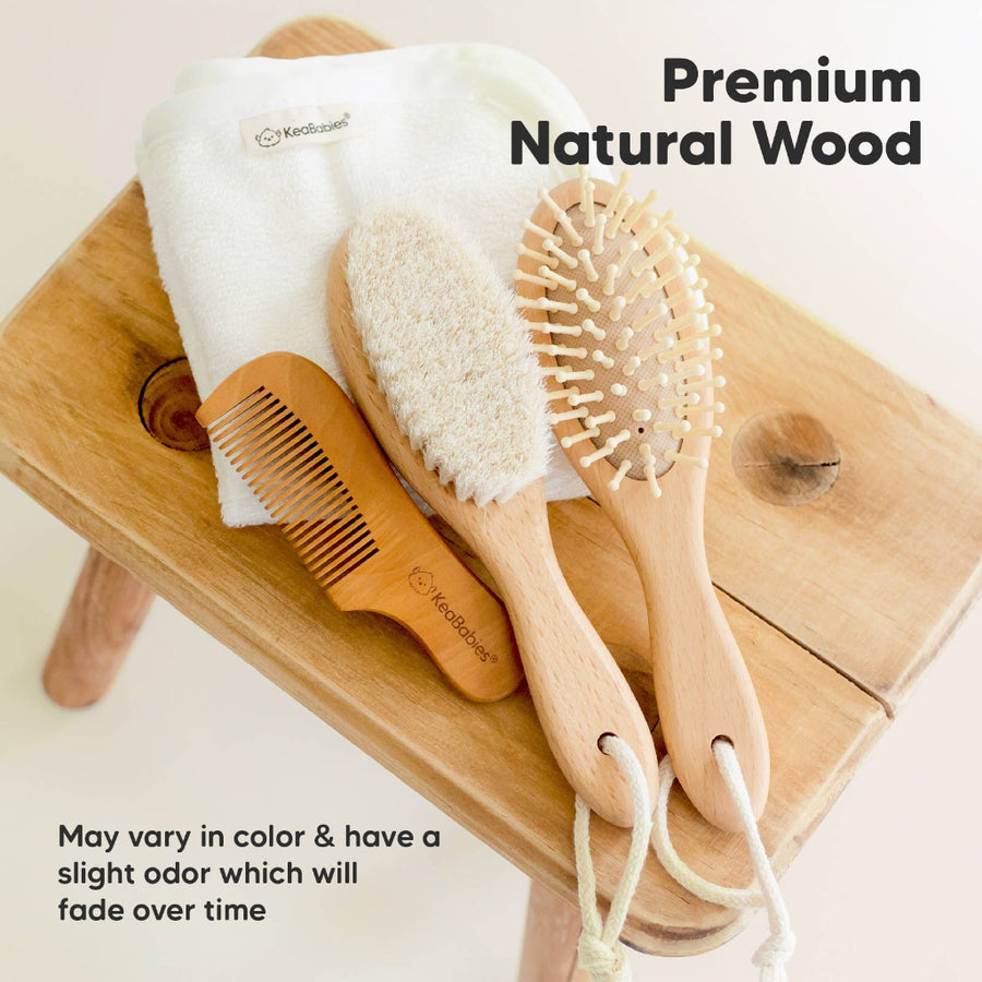Set of wooden hairbrushes and a white towel on a wooden tray with 'Premium Natural Wood' text.