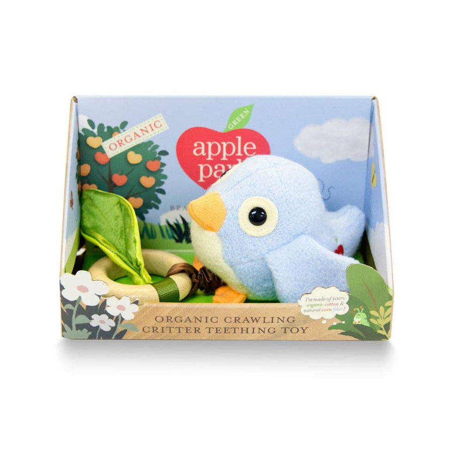 Plush bird toy in a colorful box with 'Apple Park' branding