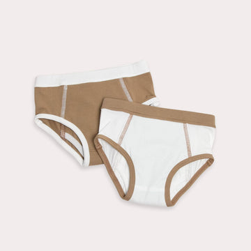 Two pairs of underwear, one brown and one white with brown trim, on a light gray background.