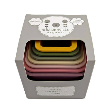 Set of colorful silicone stacking toy cubes in a box with 'Summerville Organic' branding.