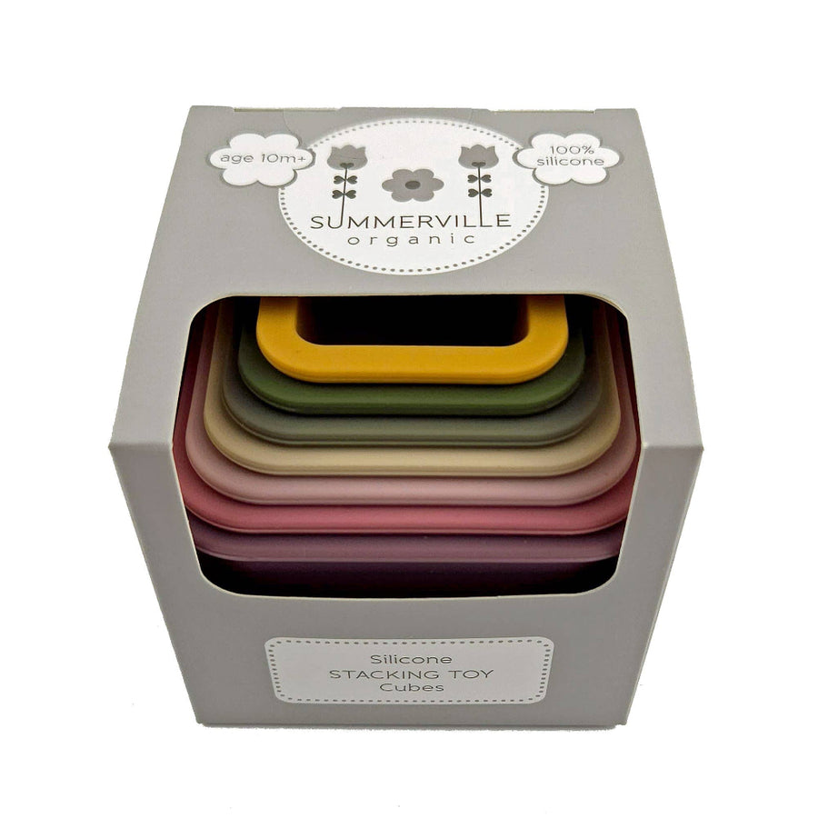 Set of colorful silicone stacking toy cubes in a box with 'Summerville Organic' branding.