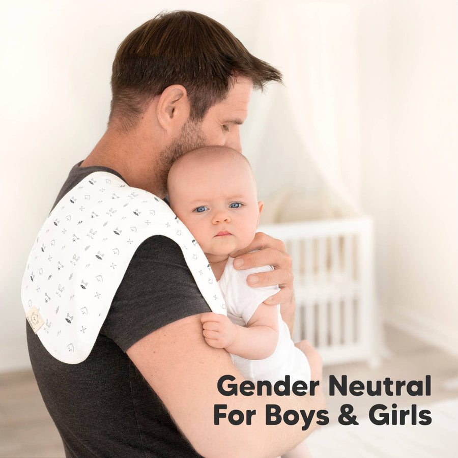 Man holding a baby with a bib on, text indicating gender neutrality for boys and girls.