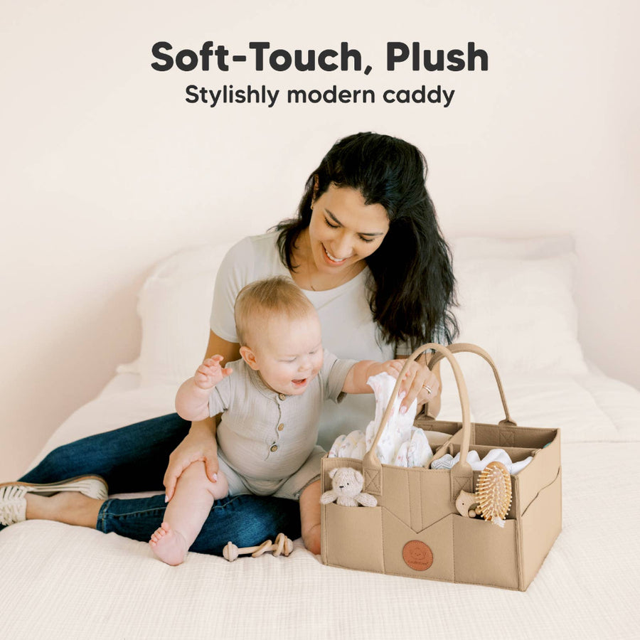 Woman and child with a stylishly modern caddy on a white background