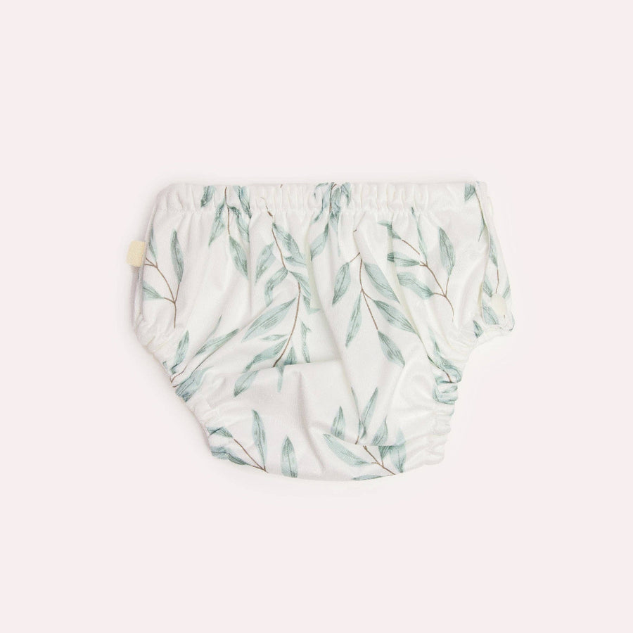 Baby swim diaper with leaf pattern on a white background