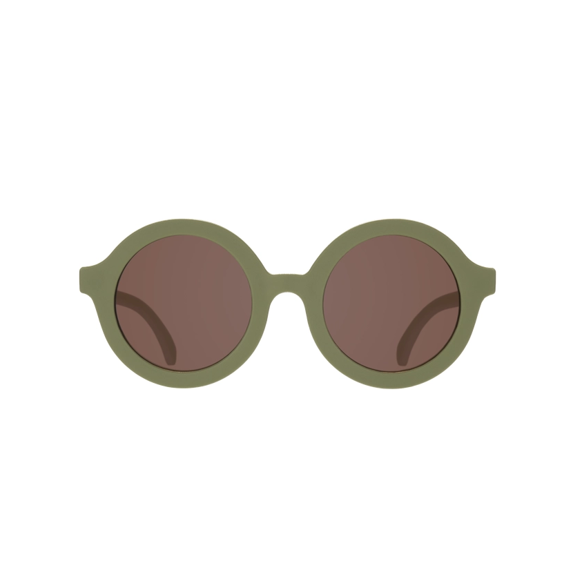 Sunglasses with green frames and brown lenses on a white background