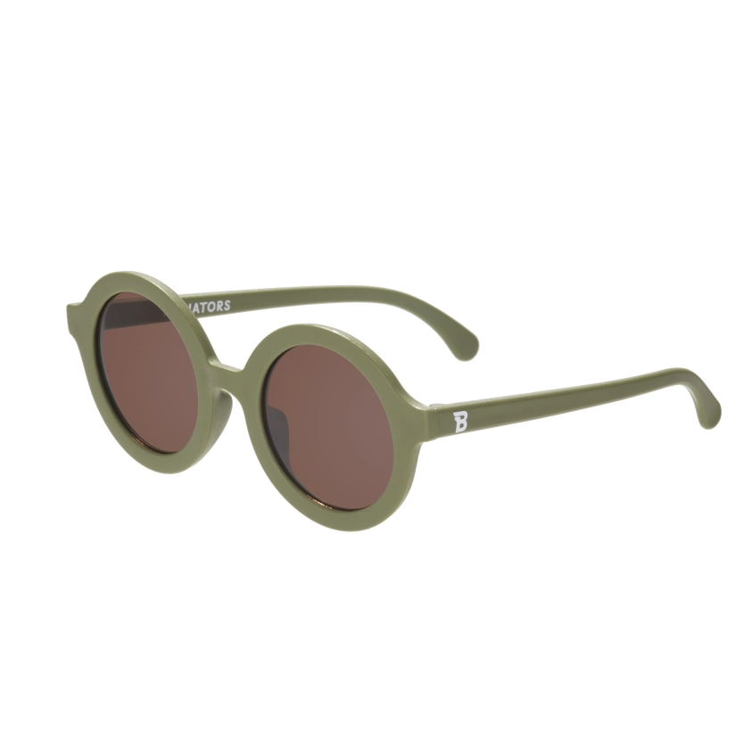 Green sunglasses with brown lenses on a white background