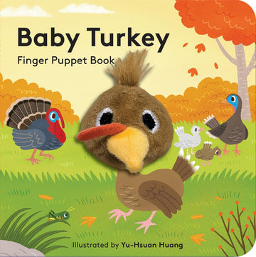 Book cover of 'Baby Turkey' finger puppet book with colorful illustrations of turkeys and trees.
