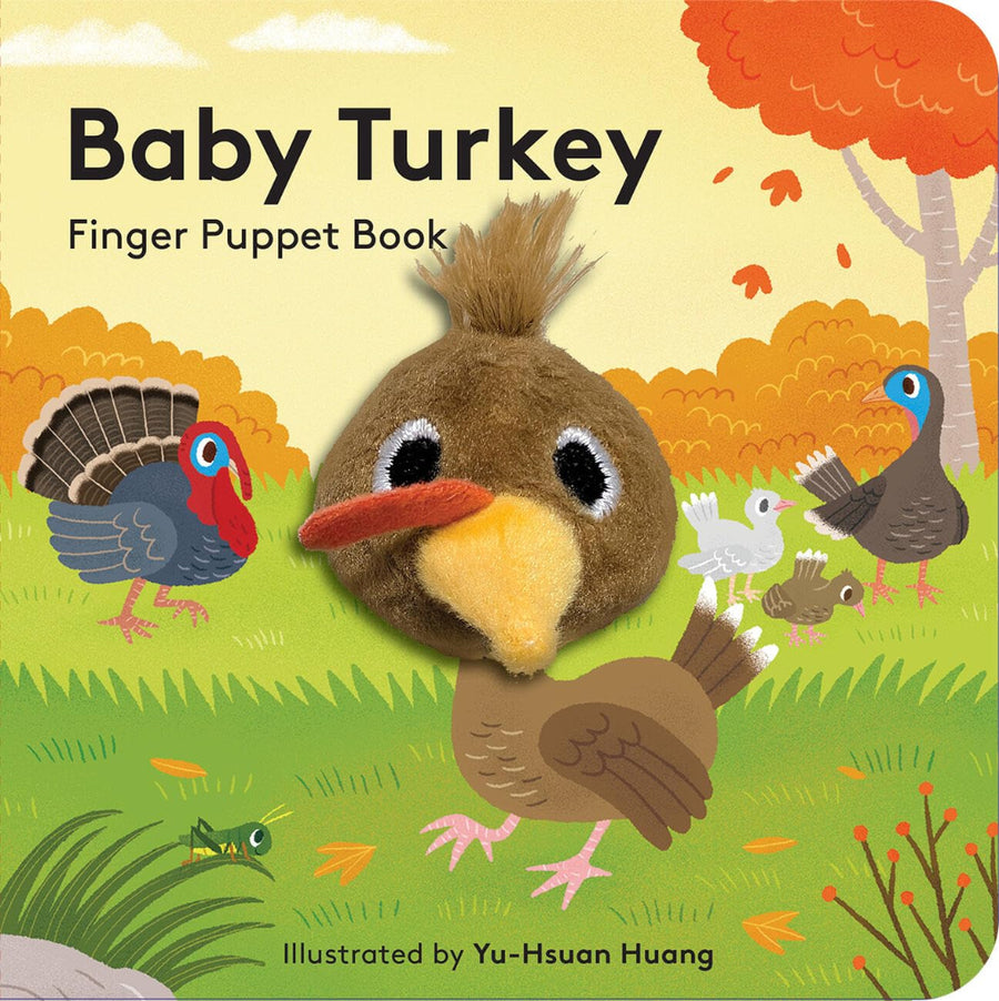 Book cover of 'Baby Turkey' finger puppet book with colorful illustrations of turkeys and trees.