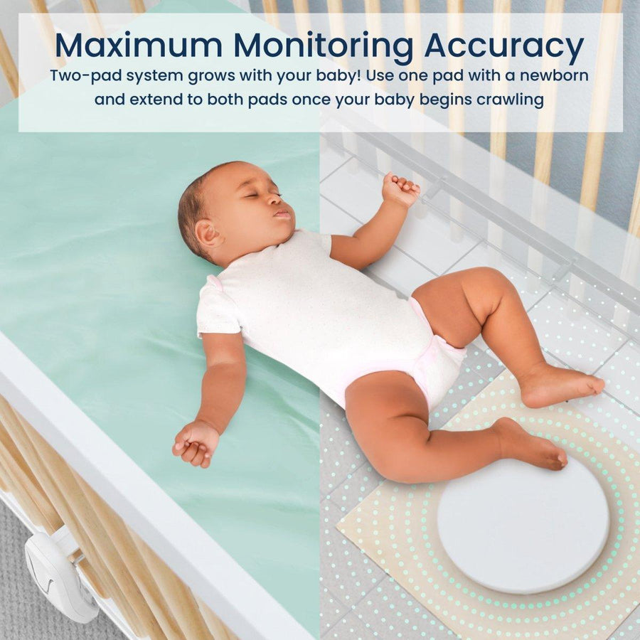 Image of a baby lying in a crib with the image cut away to show the monitor pad underneath. Text reads, 