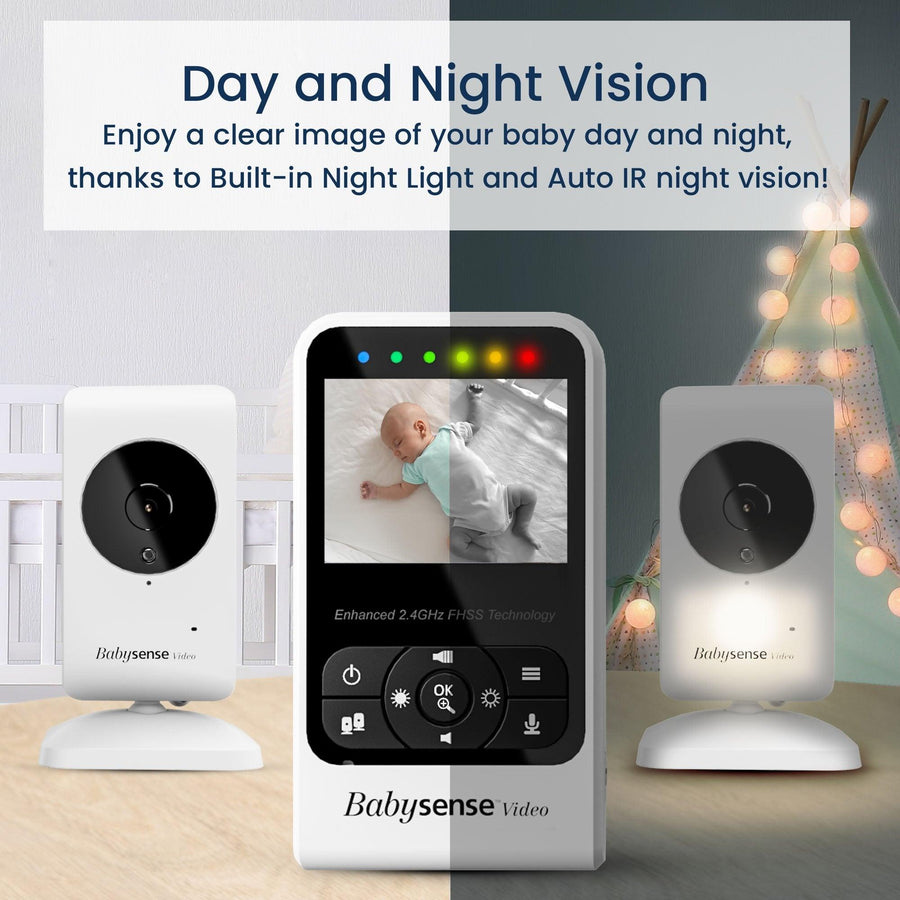 Split image of two cameras and the monitor screen with a sleeping baby, with half in daytime and half at night. Text reads, 