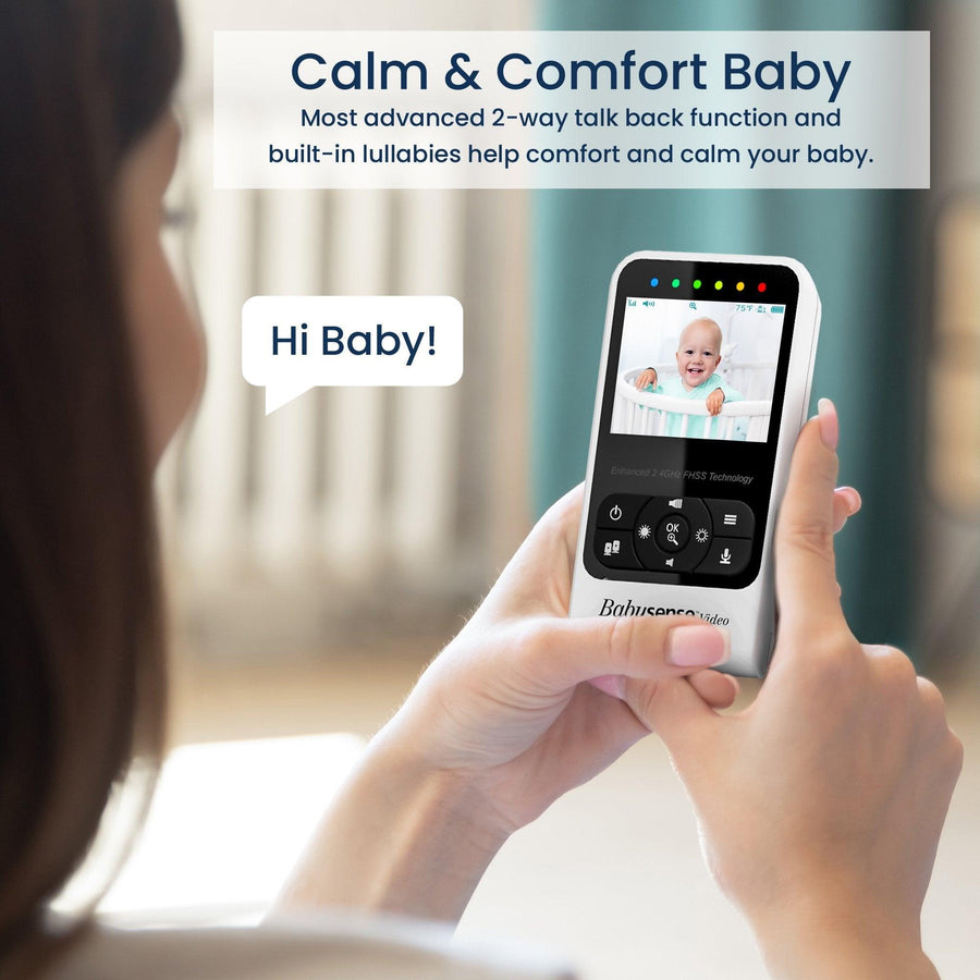Image of a person holding the monitor screen showing a baby. A speech bubble points to the person and says 