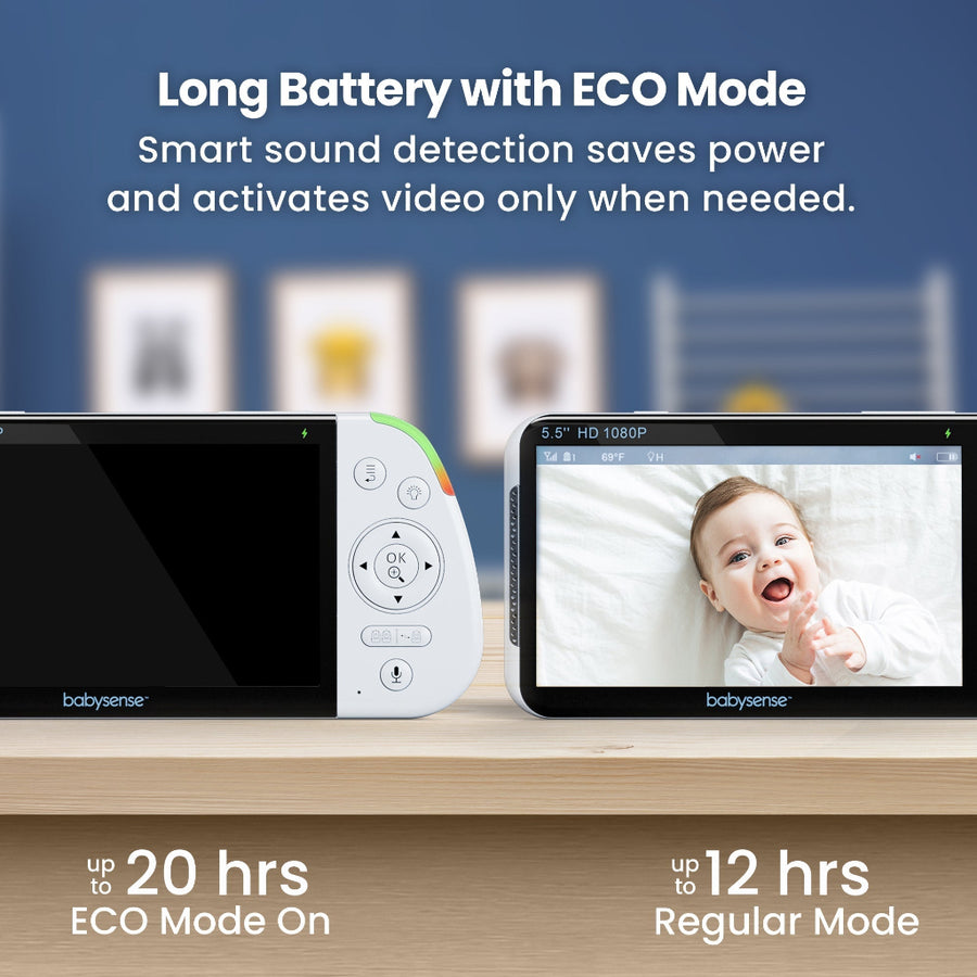 Baby monitor with screen displaying a baby and text about battery life and ECO mode.