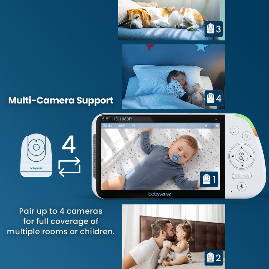 Baby monitor with multiple camera support feature on a blue background