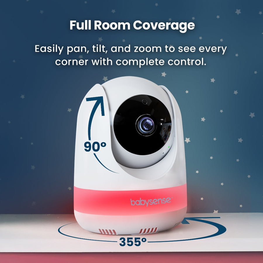 Baby monitor with pan, tilt, and zoom capabilities on a blue background