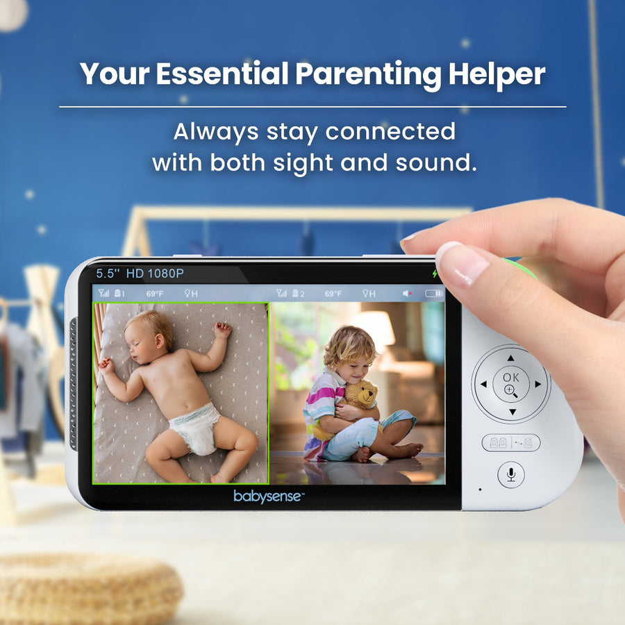 Baby monitor displaying images of a baby and a child, with text 'Your Essential Parenting Helper' and 'Always stay connected with both sight and sound.'.