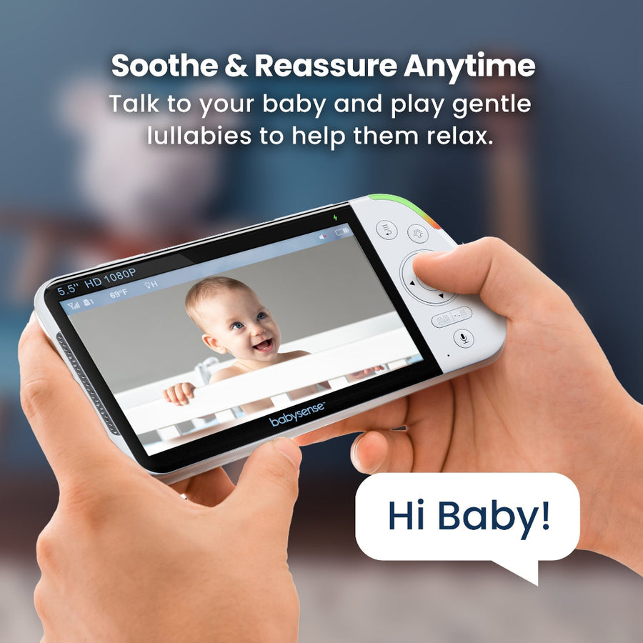 Baby monitor displaying a baby's face with text 'Soothe & Reassure Anytime' and 'Hi Baby!' on a blurred background.