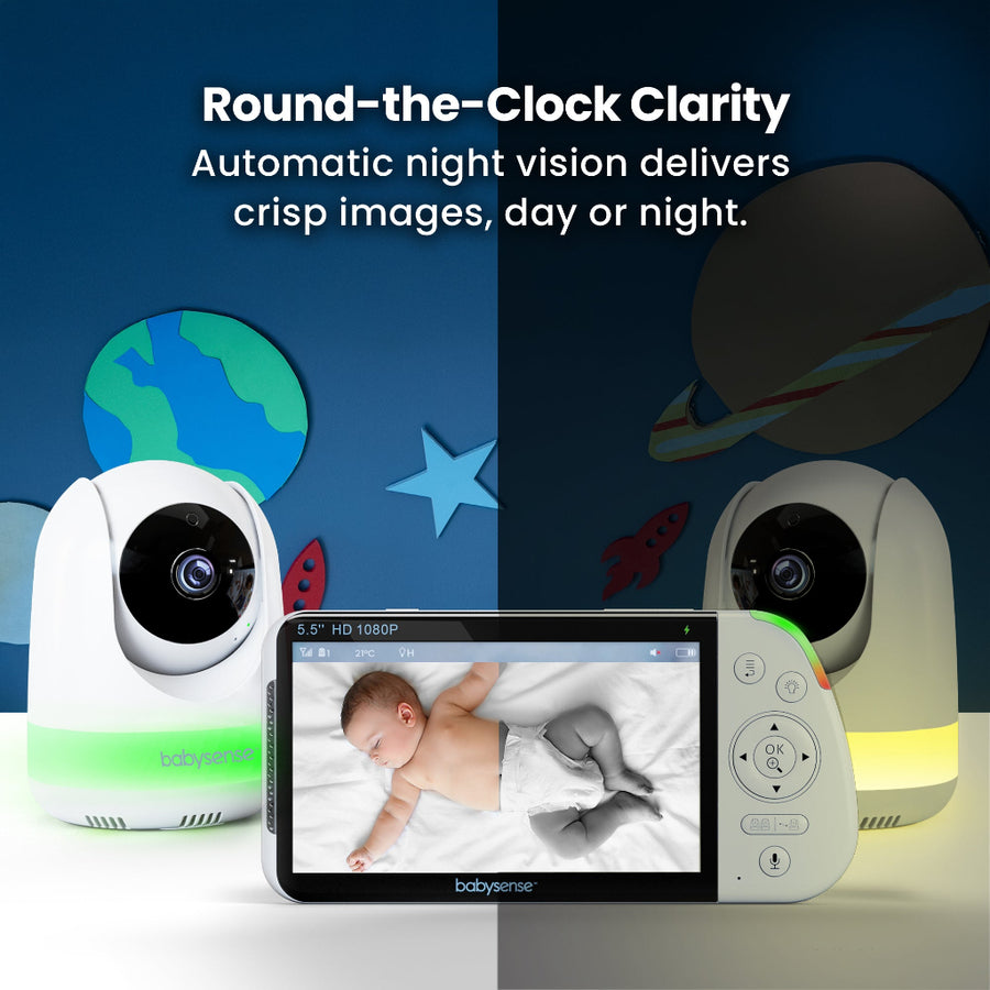 Baby monitor with screen displaying a baby and text about round-the-clock clarity.