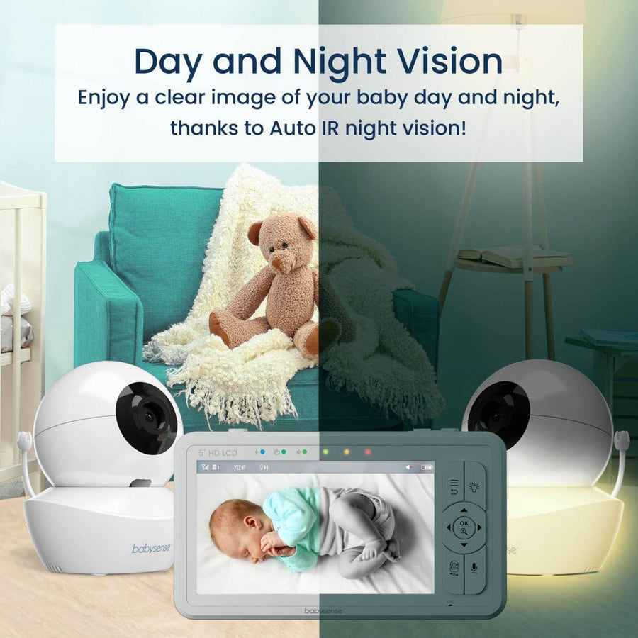 Image of a nursery with the monitor screen and cameras in the foreground, with half in daytime and half night. Text reads, 
