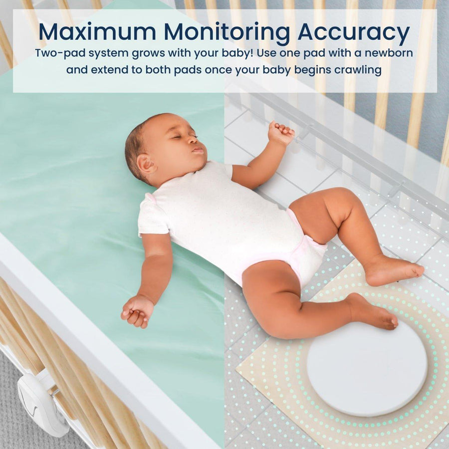 Image of a baby lying in a crib with the image cut away to show the monitor pad underneath. Text reads, 