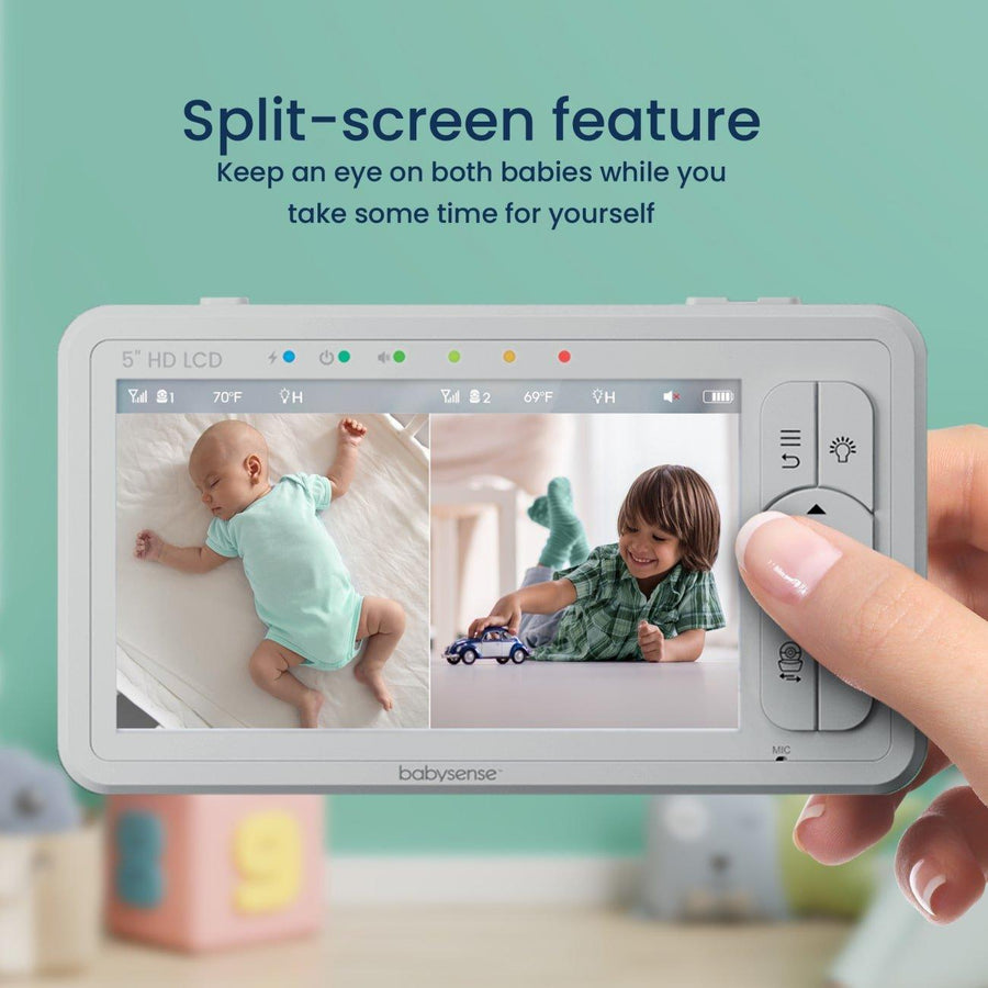 Image of a person holding the monitor display showing a sleeping baby on the left half of the screen and a child playing with a toy car on the right. Text reads, 