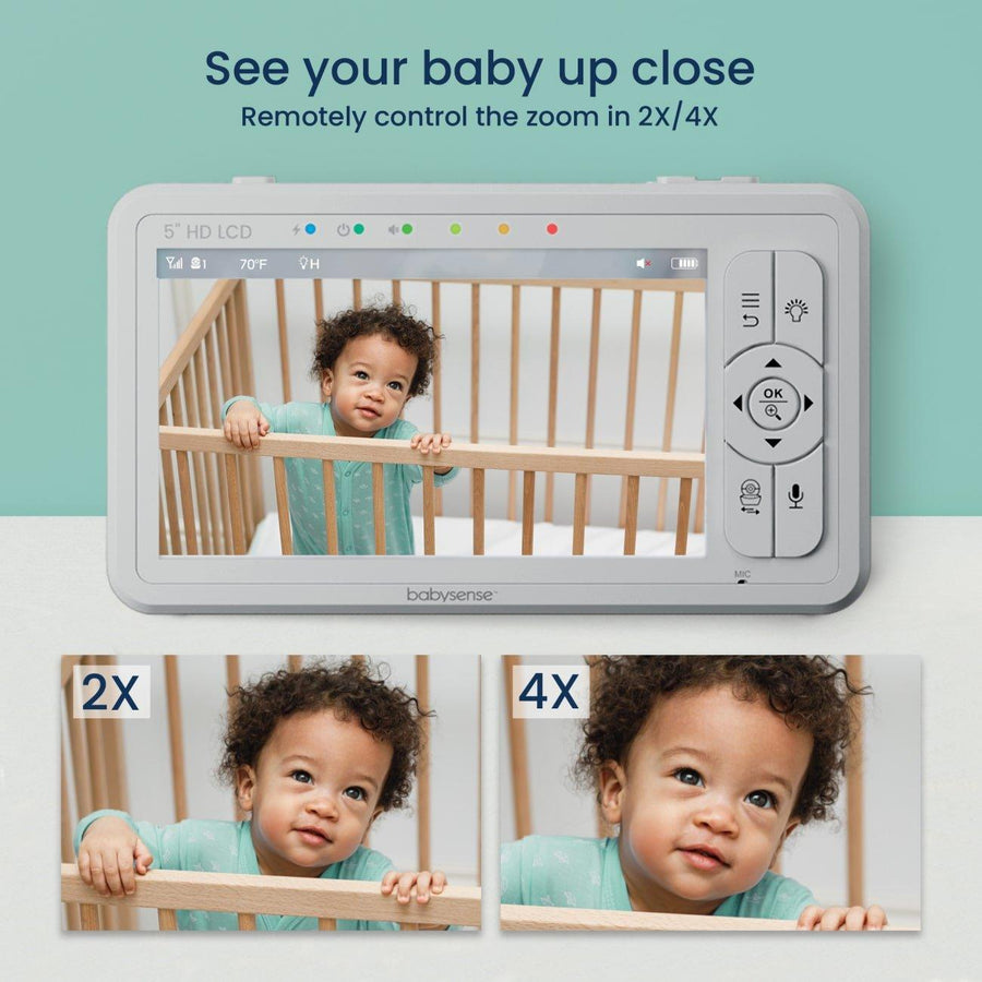 Image of the baby monitor screen showing a standing baby in a crib, with zoomed in screenshots at the bottom labeled 2X and 4X. Text reads, 