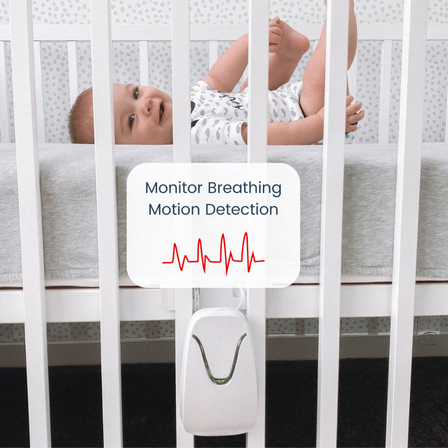 Image of a baby lying in a crib with the monitor attached. Text reads, 