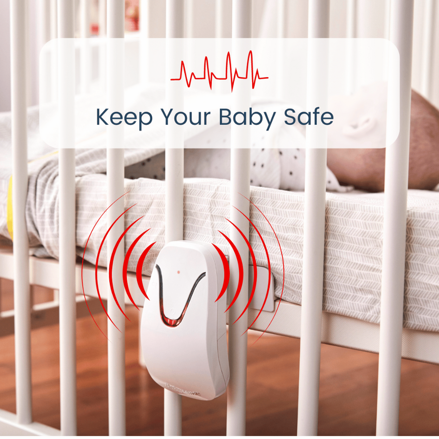 Image of a baby lying in a crib with the monitor attached, with red lines around it depicting an alarm sounding. Text reads, 