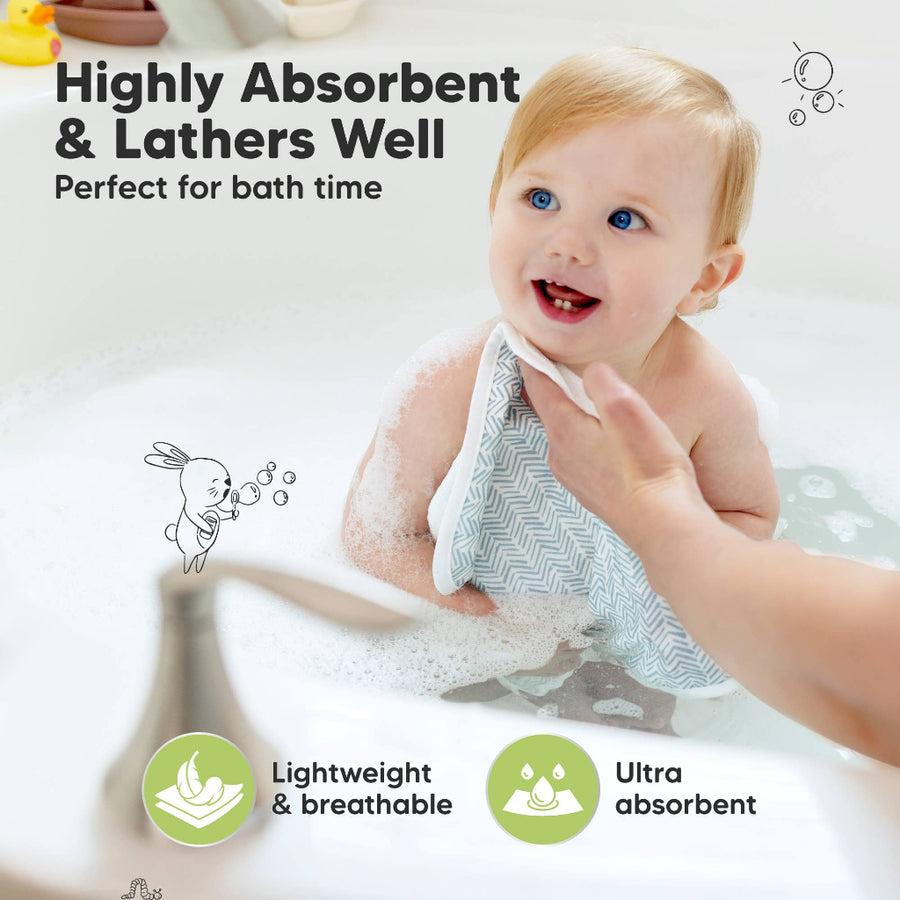 Baby being bathed with a washcloth, text about product features, and logos on a light background