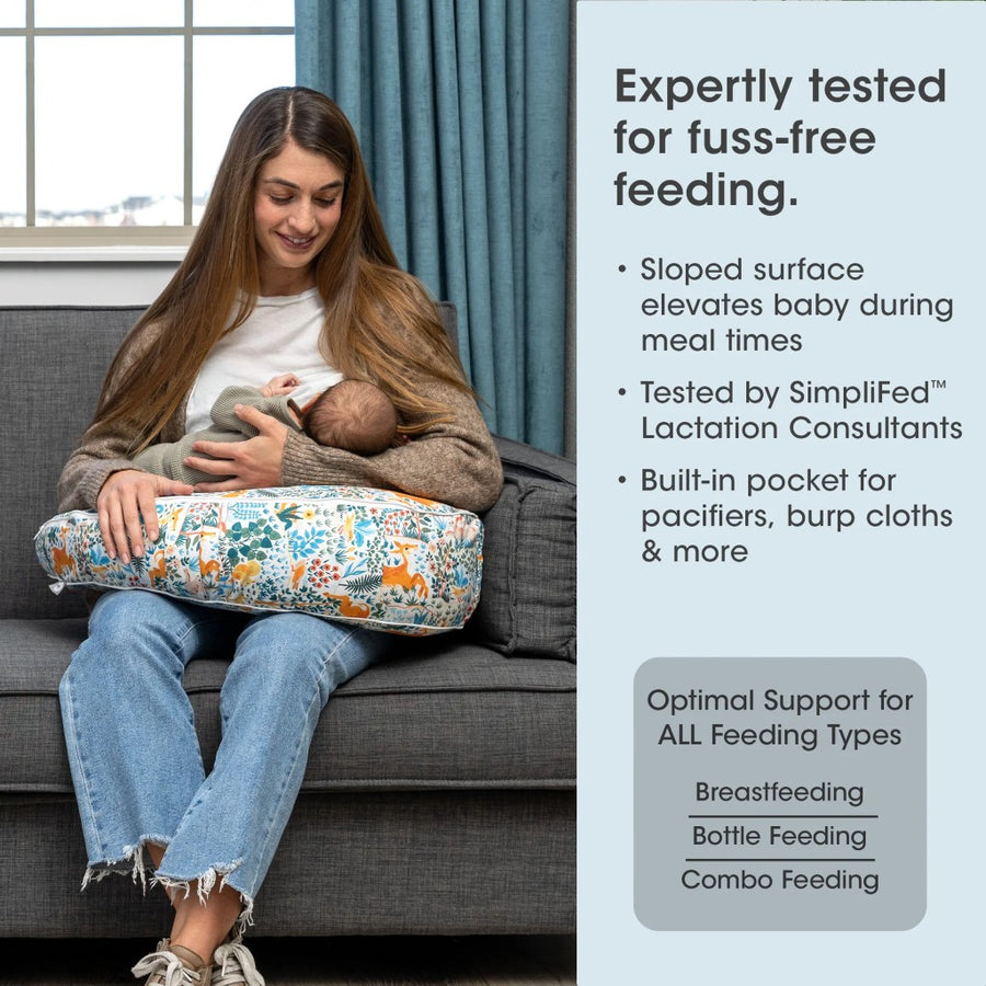 Woman breastfeeding a baby on a cushioned feeding pillow with product features listed on the right.