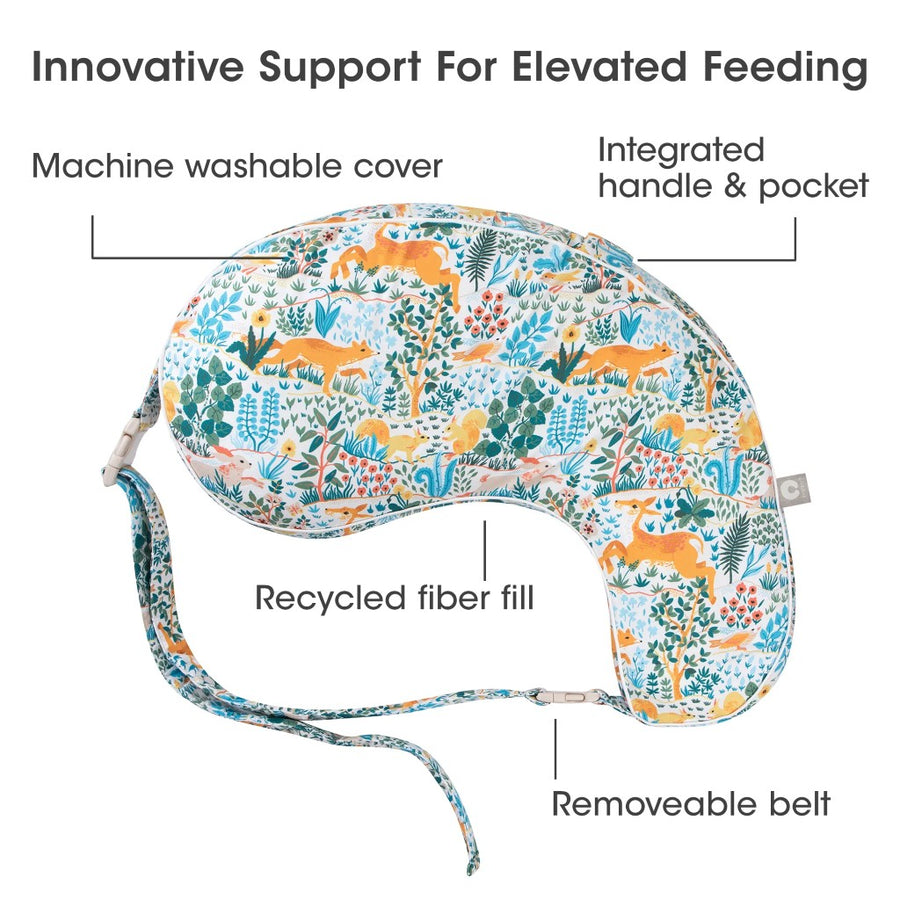 Boppy pillow with animal pattern labeled for features on a white background