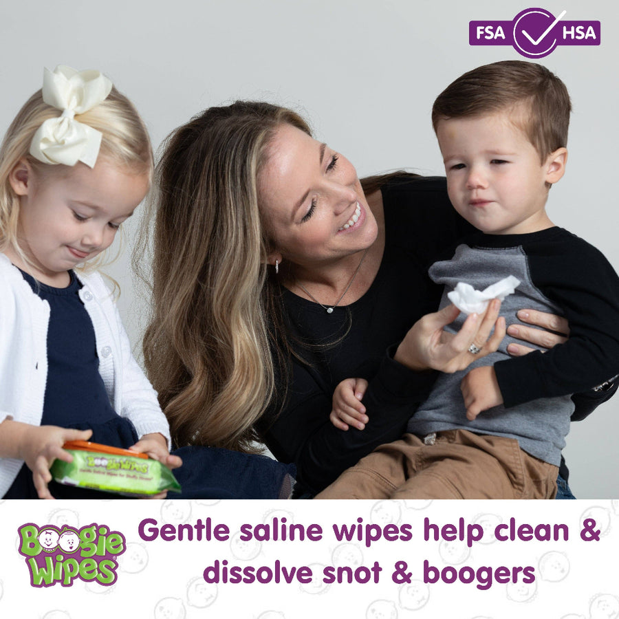 Woman with two children holding Boogie Wipes with FSA/HSA logo above.