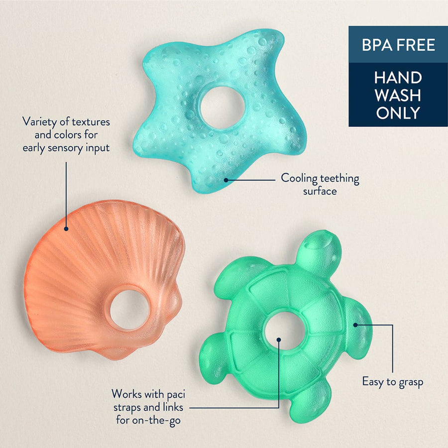 Three colorful teething toys with text describing their features on a beige background.