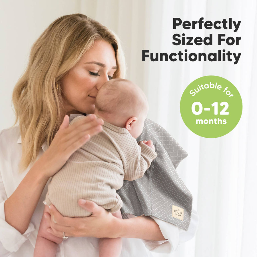 Woman holding a baby with a gray blanket, text 'Perfectly Sized For Functionality Suitable for 0-12 months' on a white background.