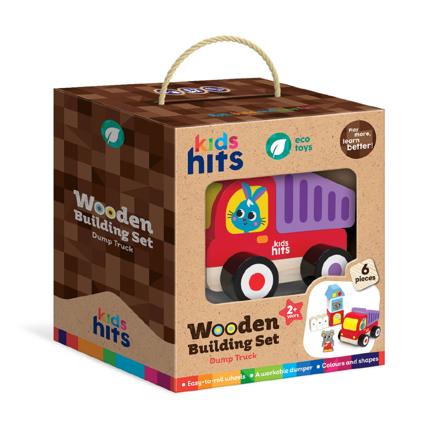 Boxed wooden dump truck toy set with 'kids hits' branding on a white background