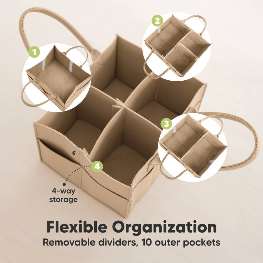 Beige storage bin with removable dividers and outer pockets on a beige background