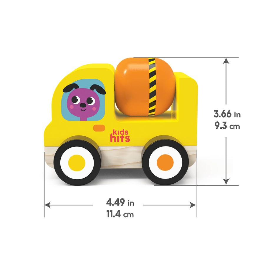 Yellow toy truck with dimensions on a white background