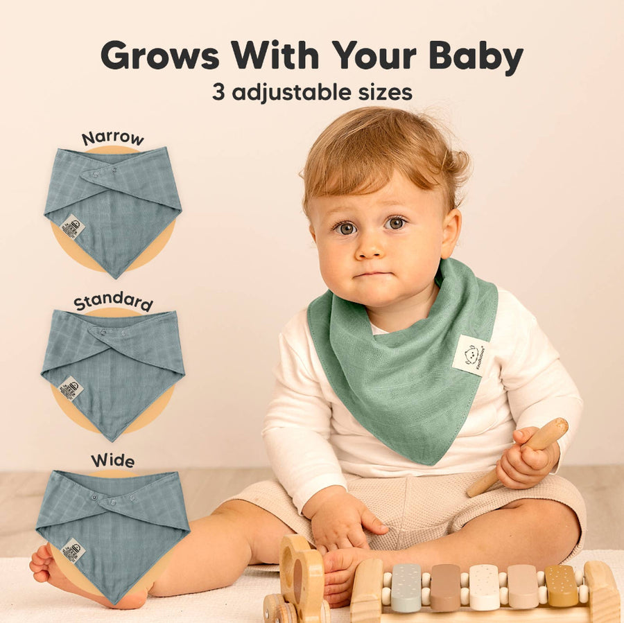 Baby wearing a green bib with three adjustable size options displayed above.
