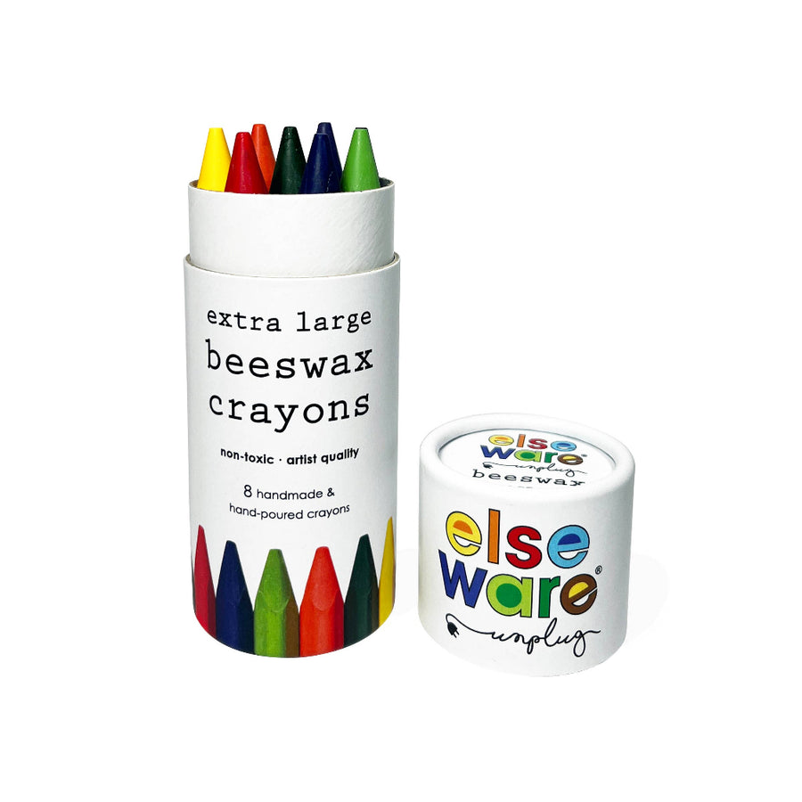 Extra large beeswax crayons in a white container with 'else ware' branding on a white background.