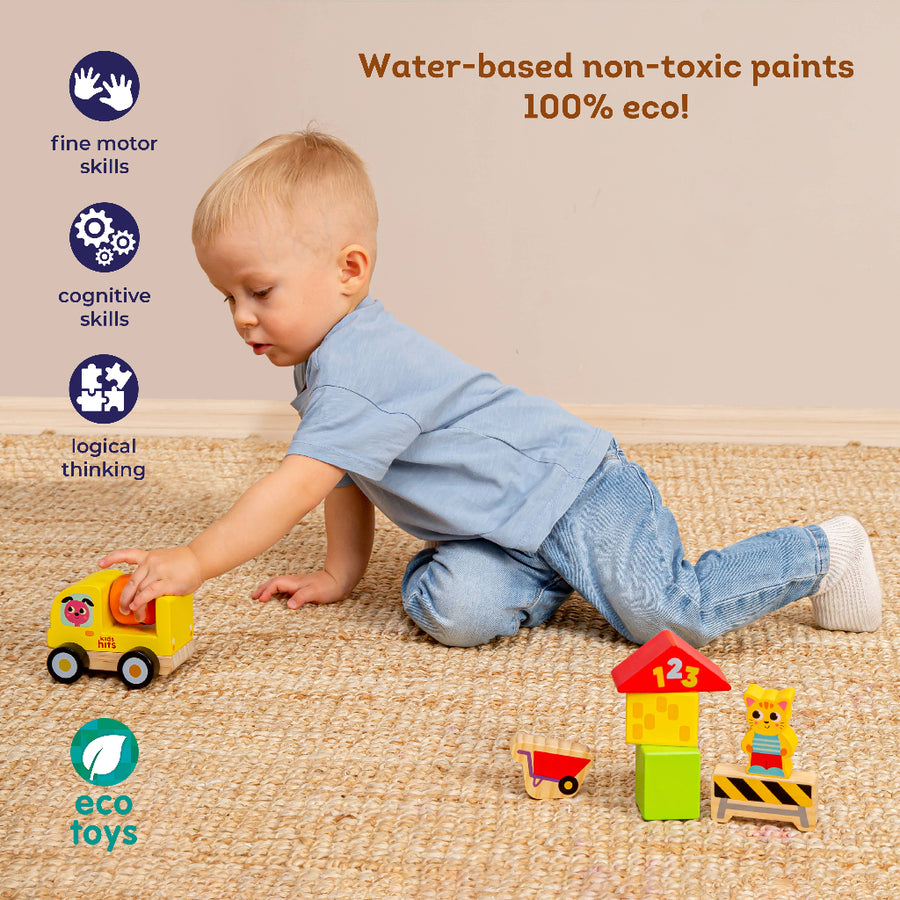 Child playing with eco-friendly toys on a carpeted floor, with text about water-based non-toxic paints and eco-friendly products.