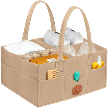 Beige baby organizer with various items including diapers, a bottle, and a toy on a white background